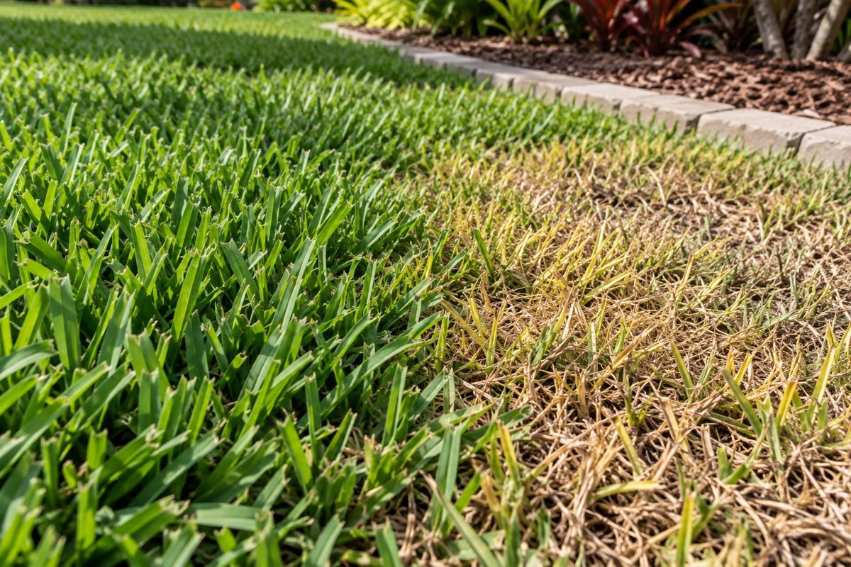 Healthy St. Augustine grass beside a dry yellow patch of chinch bug damage