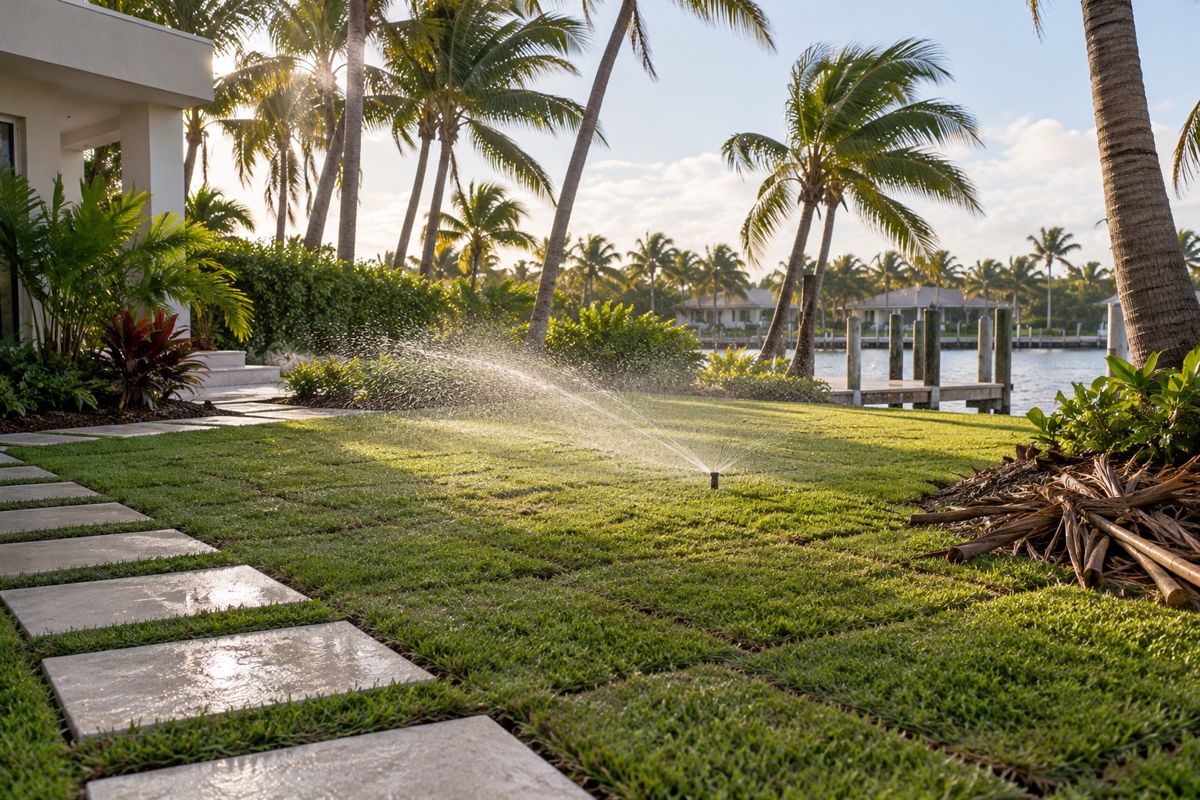 Newly sodded Miami lawn being watered with fallen palm fronds raked aside
