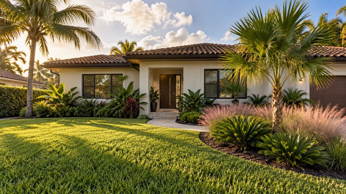 Front yard of a Miami stucco home with new lawn and tropical planting
