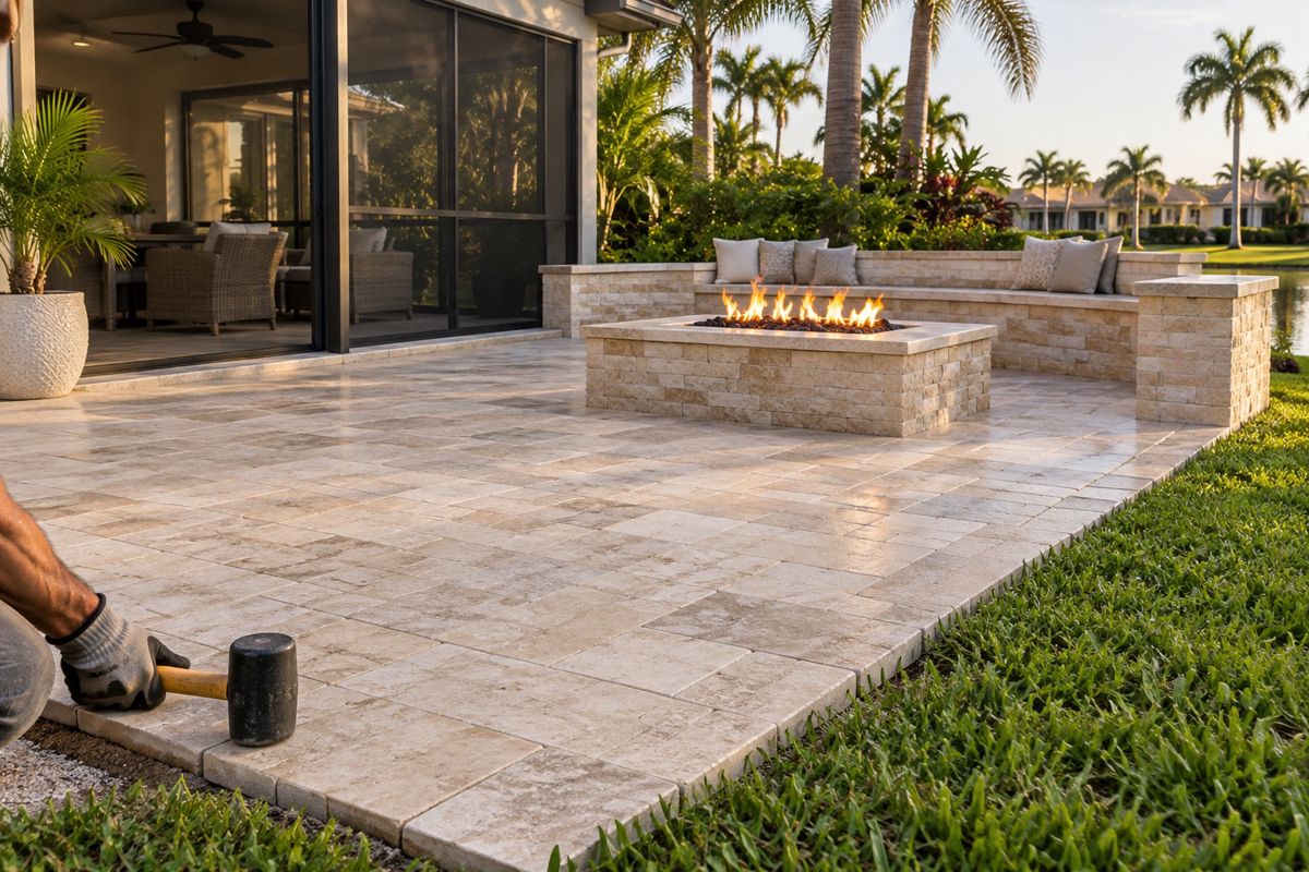 New paver patio with a fire pit and seating wall beside a Miami lanai