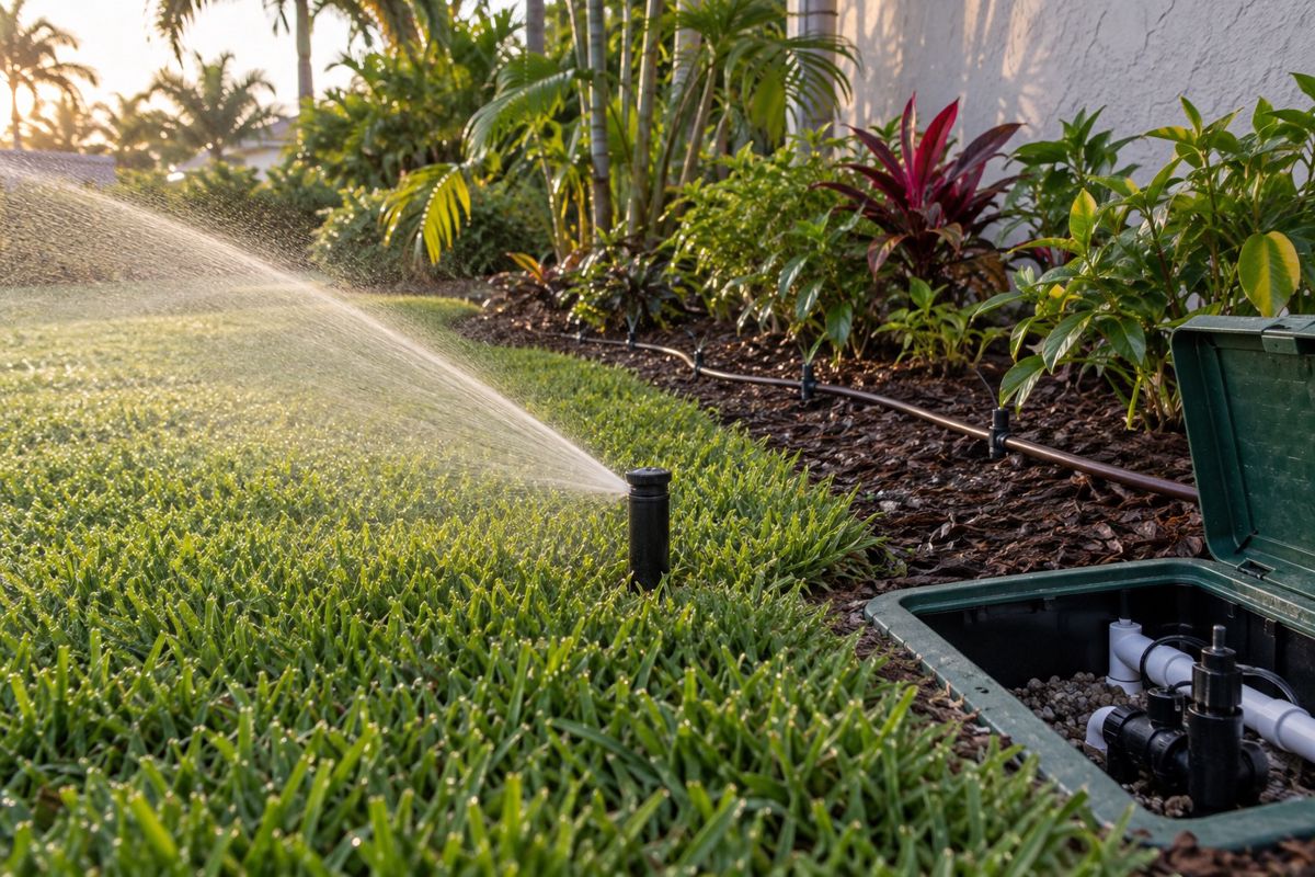 Sprinkler head watering a Miami lawn beside an open irrigation valve box