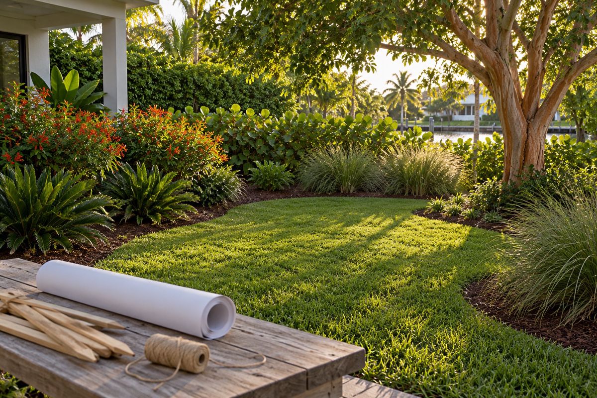 Newly planted tropical backyard beds with a rolled landscape plan on a bench
