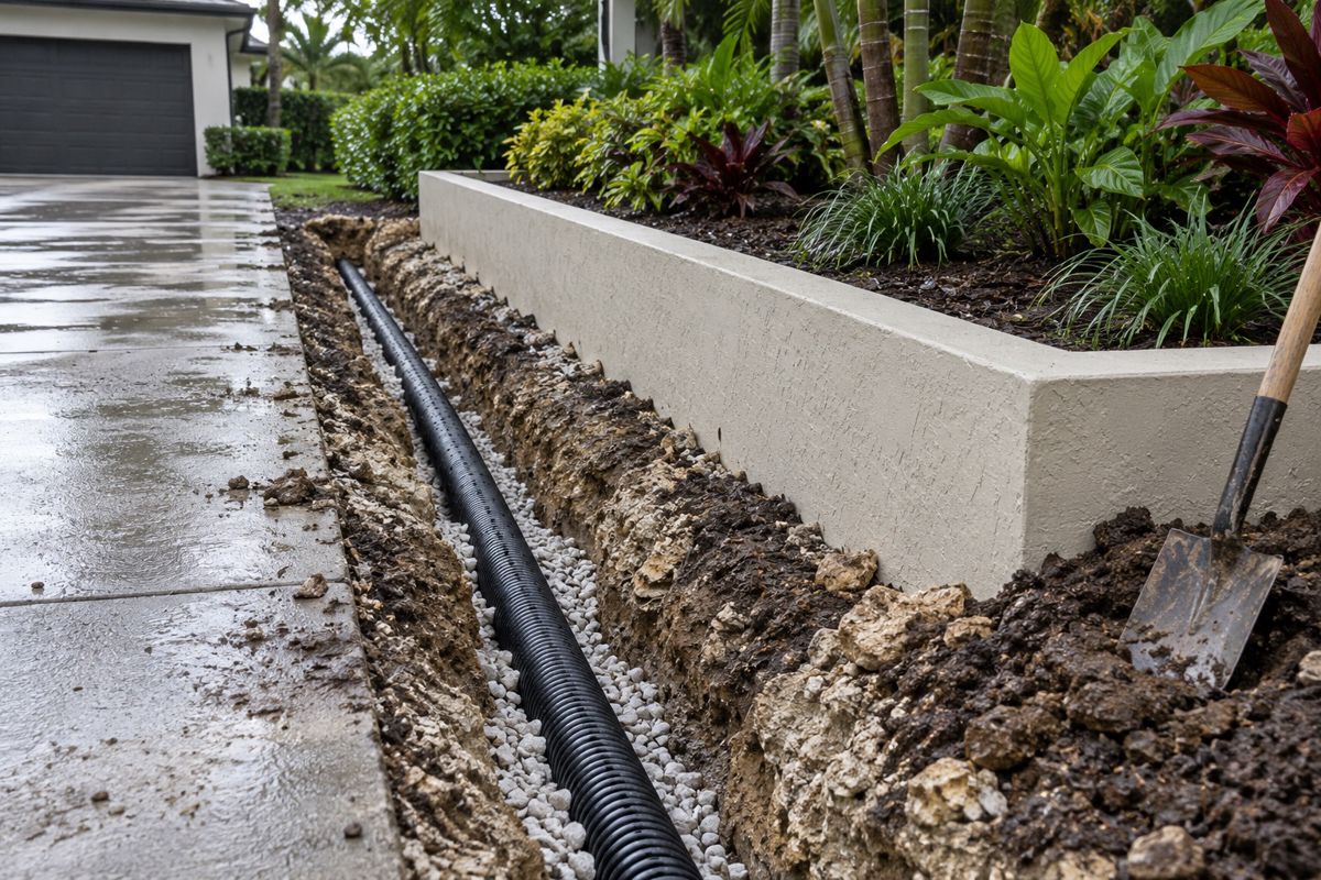 Low block retaining wall and drainage trench beside a Miami driveway