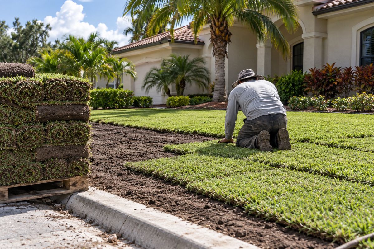 Crew laying fresh St. Augustine sod rolls on graded soil in Miami